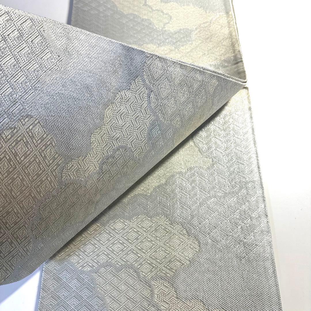 6k115 袋帯 絹 佐賀錦 菱文 銀色 白 柄物 和装 着物 - メルカリ