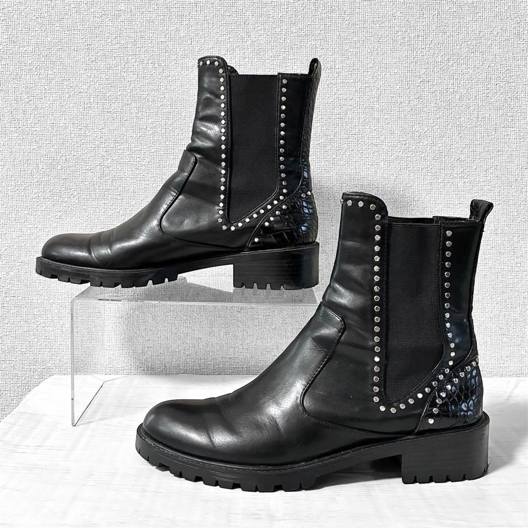 ZARA サイドゴアブーツ 黒 レザー スタッズ付 26.0cm - メルカリ