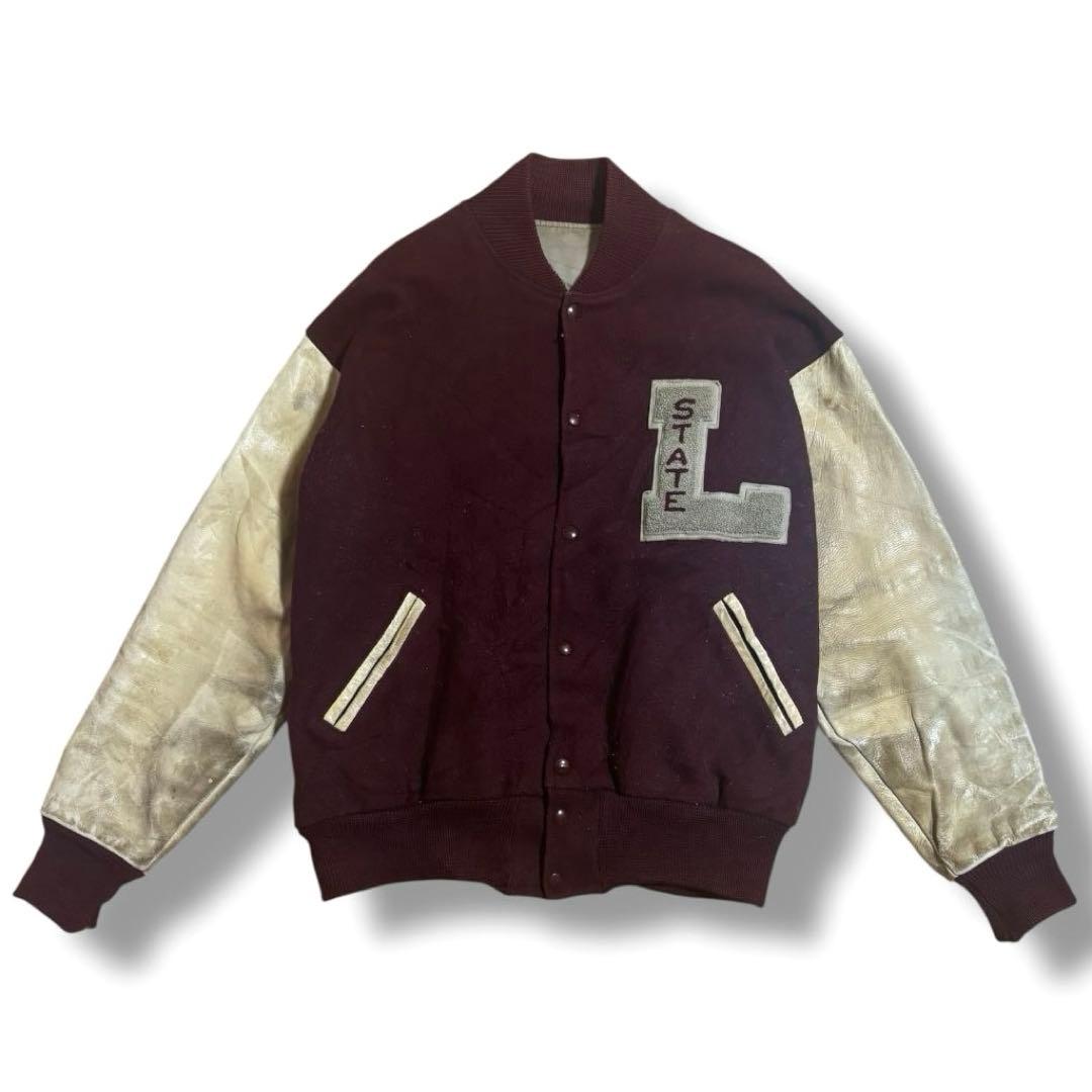 70s Vintage スタジャン ウール 本革 レザー 別注 ボロ 雰囲気 - メルカリ