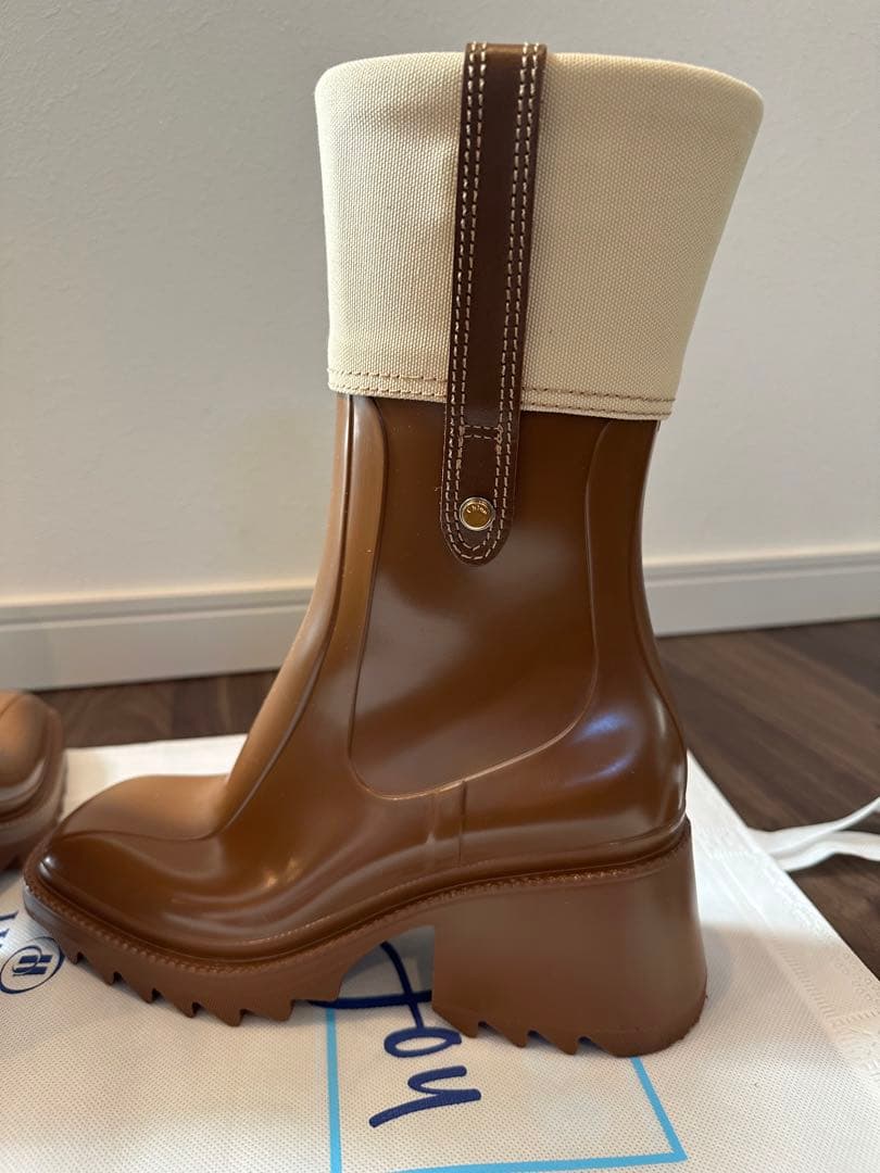 数回着用のみ♪ Chloe PVC キャンバスレインブーツ ブラウン 晴雨兼用