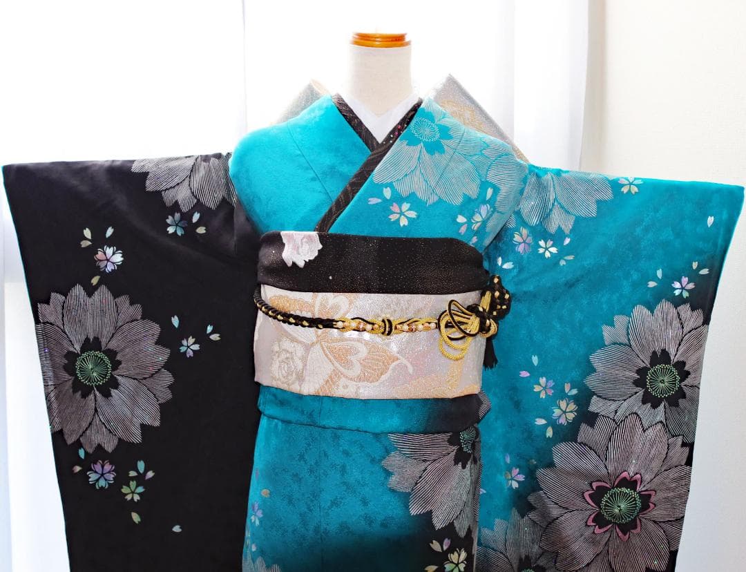 振袖フルセット ターコイズブルー×黒 粋 モダン 大輪花 成人式 - メルカリ