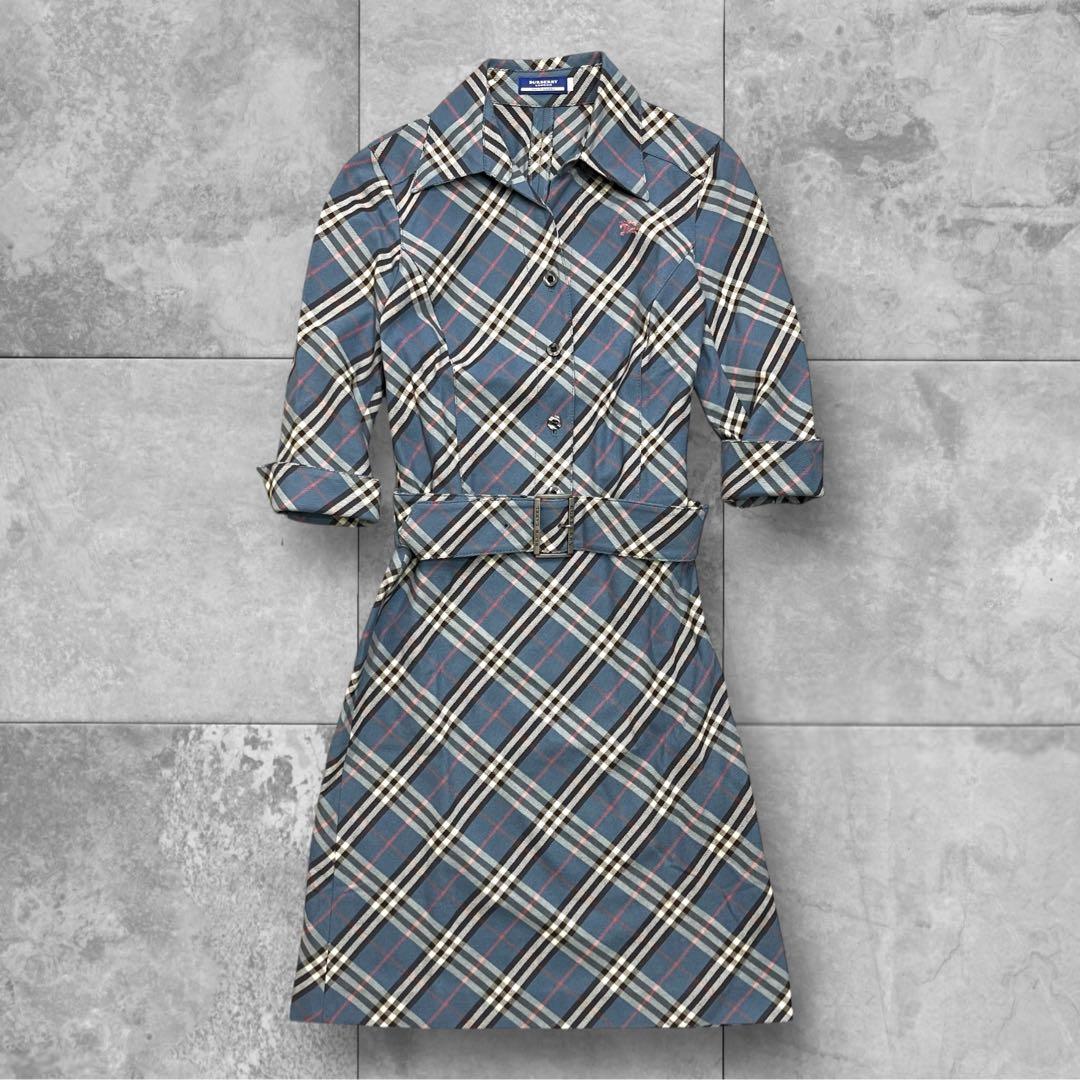 バーバリーブルーレーベルシャツワンピース 38 ブルー ノバチェック ベルト 希少美品 バーバリーブルーレーベル ノバチェック シャツワンピース