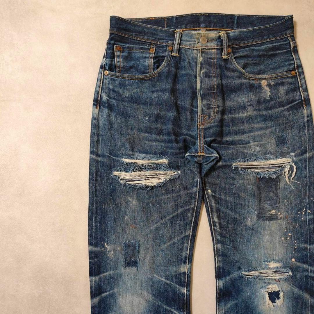 ビンテージ リーバイス 501 グランジデニム ダメージ パッチワーク w32 Levi's リーバイス 501デニム W32 02年製 ジーンズ ダメージ加工