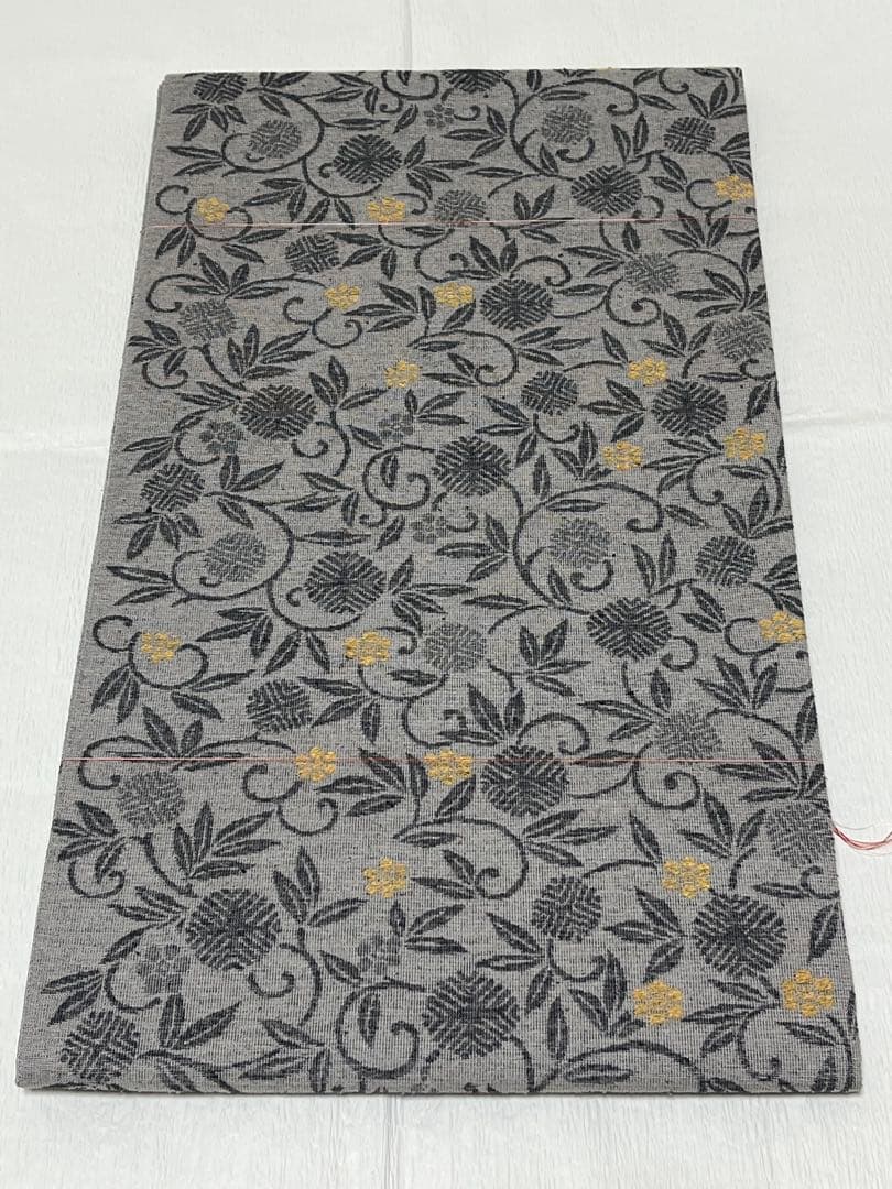 【門間貴美子 】新品未使用　正絹 洒落袋帯 草花唐草文様 錫色グレー 紬調
