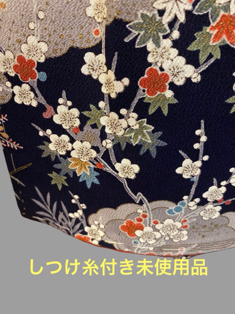 未使用小紋 御所車風景花紋 金彩入り 身丈裄長 正絹 おしゃれ着に