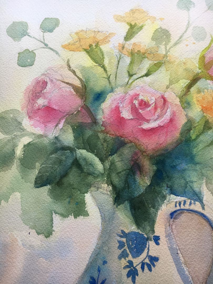 透明水彩画原画デルフト焼きの花瓶と春の薔薇たち④ - メルカリ