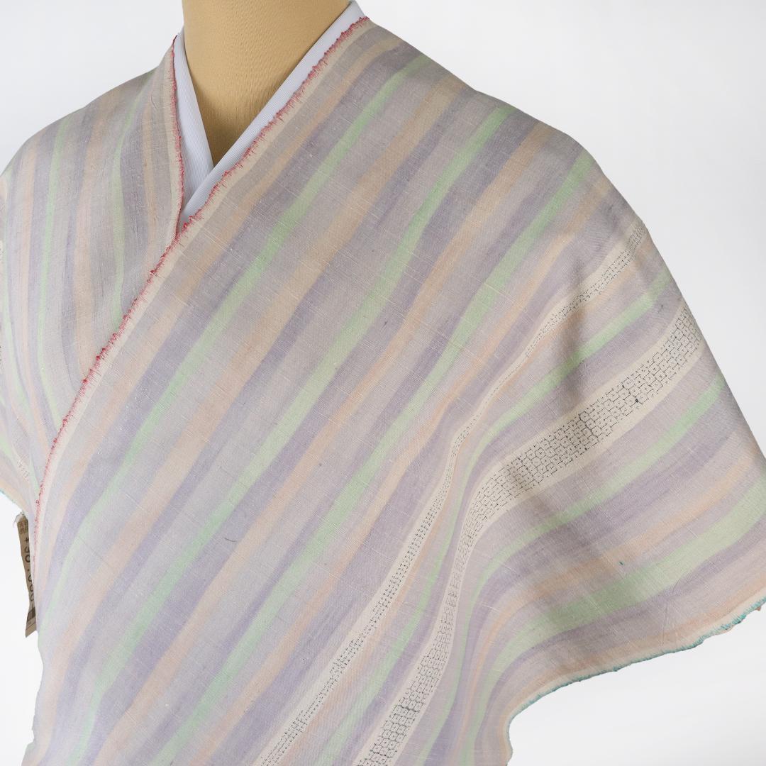 2887☆手織 本場越後紬 いしくら 紬☆パステル ストライプ☆反物