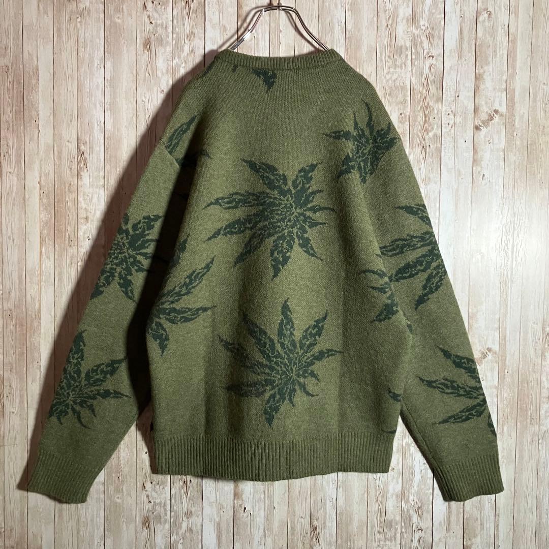 304【美品】HUF ハフ ニットセーター マリファナ柄 大麻柄 カーキ L