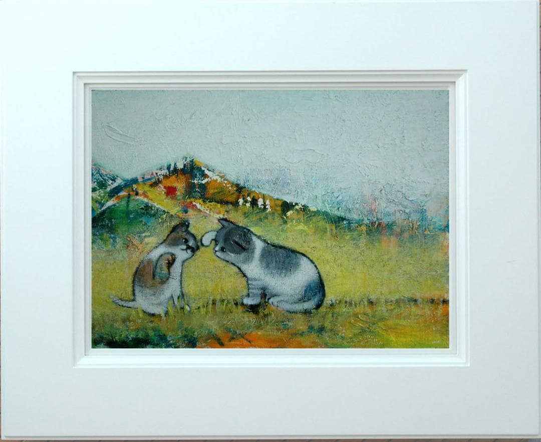 油絵 菅家令子絵 絵画インテリア額付(青緑＋金色の枠) uF6-050520