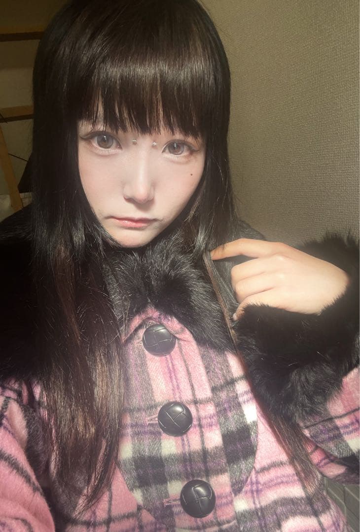 ピンク チェック柄 ロングコート ファー付き y2k ギャル 姫 - メルカリ