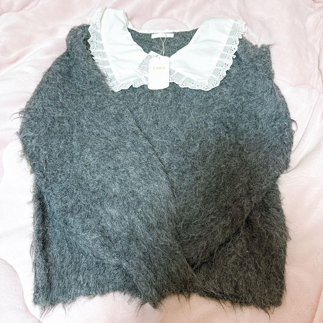 Chico セーラー襟付きシャギールーズニット グレー - メルカリ