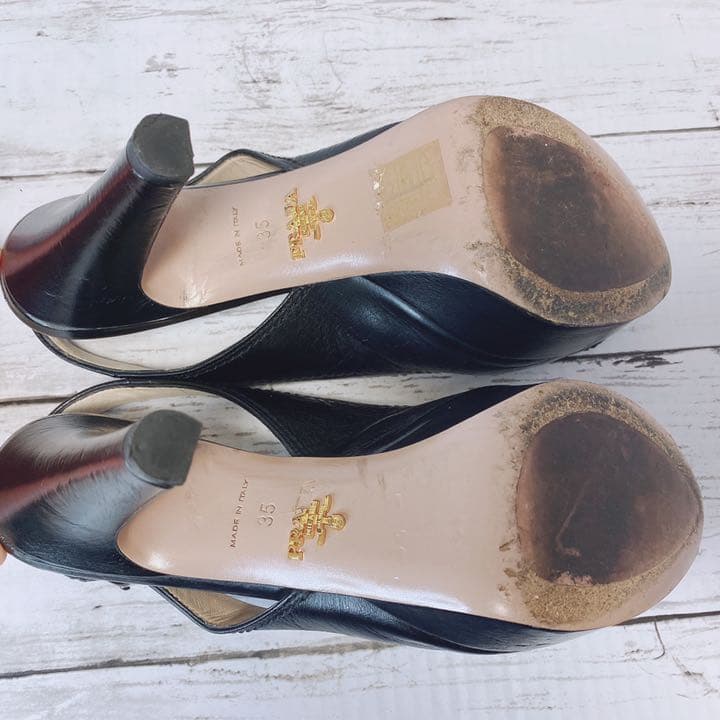 ☆送料無料【プラダ】サンダル　パンプス　レザー　黒　オープントゥ　23.5cm