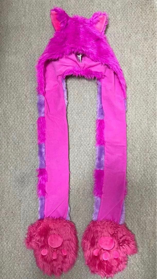 美品】ディズニーマフラーキャップチェシャ猫 JK 猫耳フード付きピンク