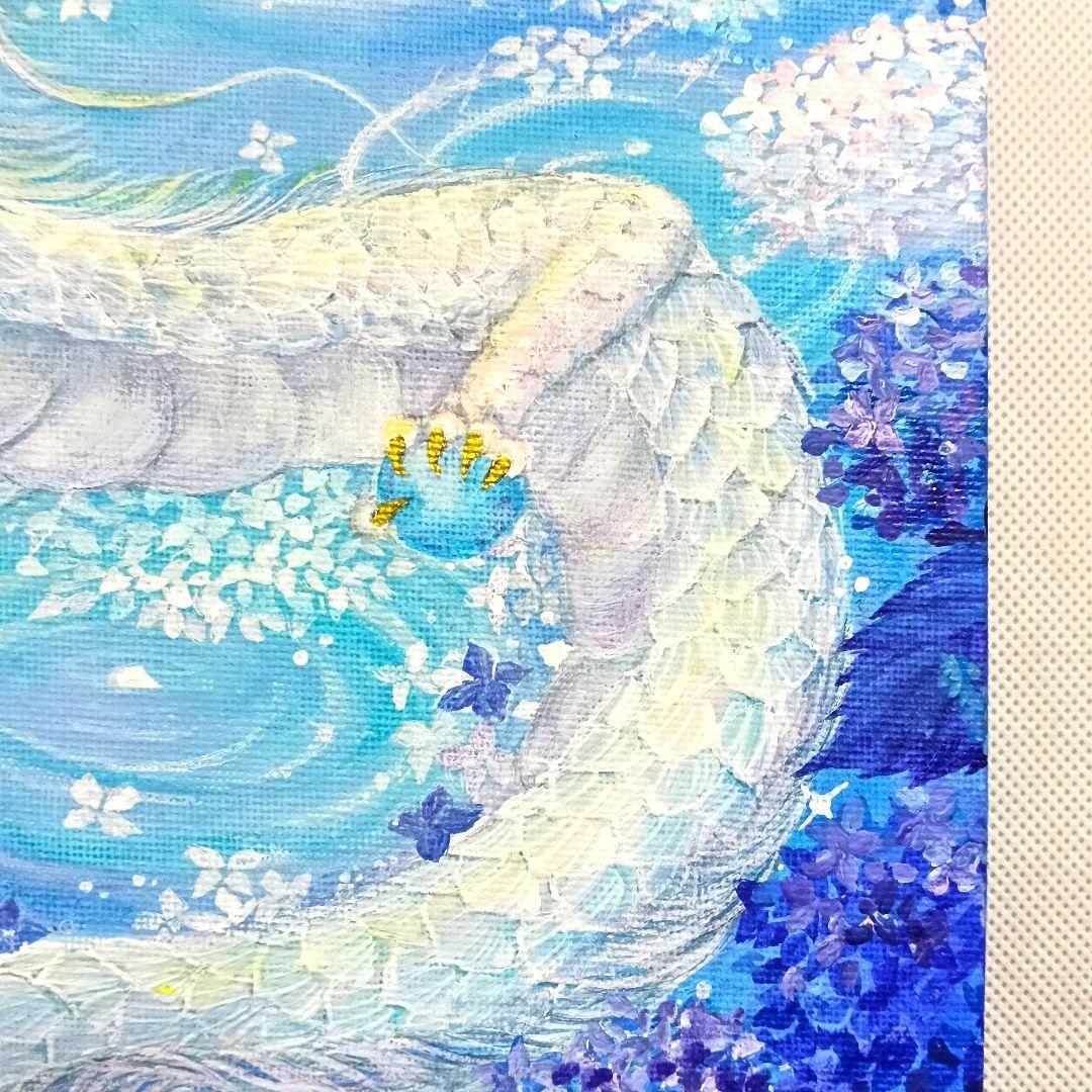 No.509 F3キャンバス 原画 龍神絵画 白龍 紫陽花 開運絵画 立体アート