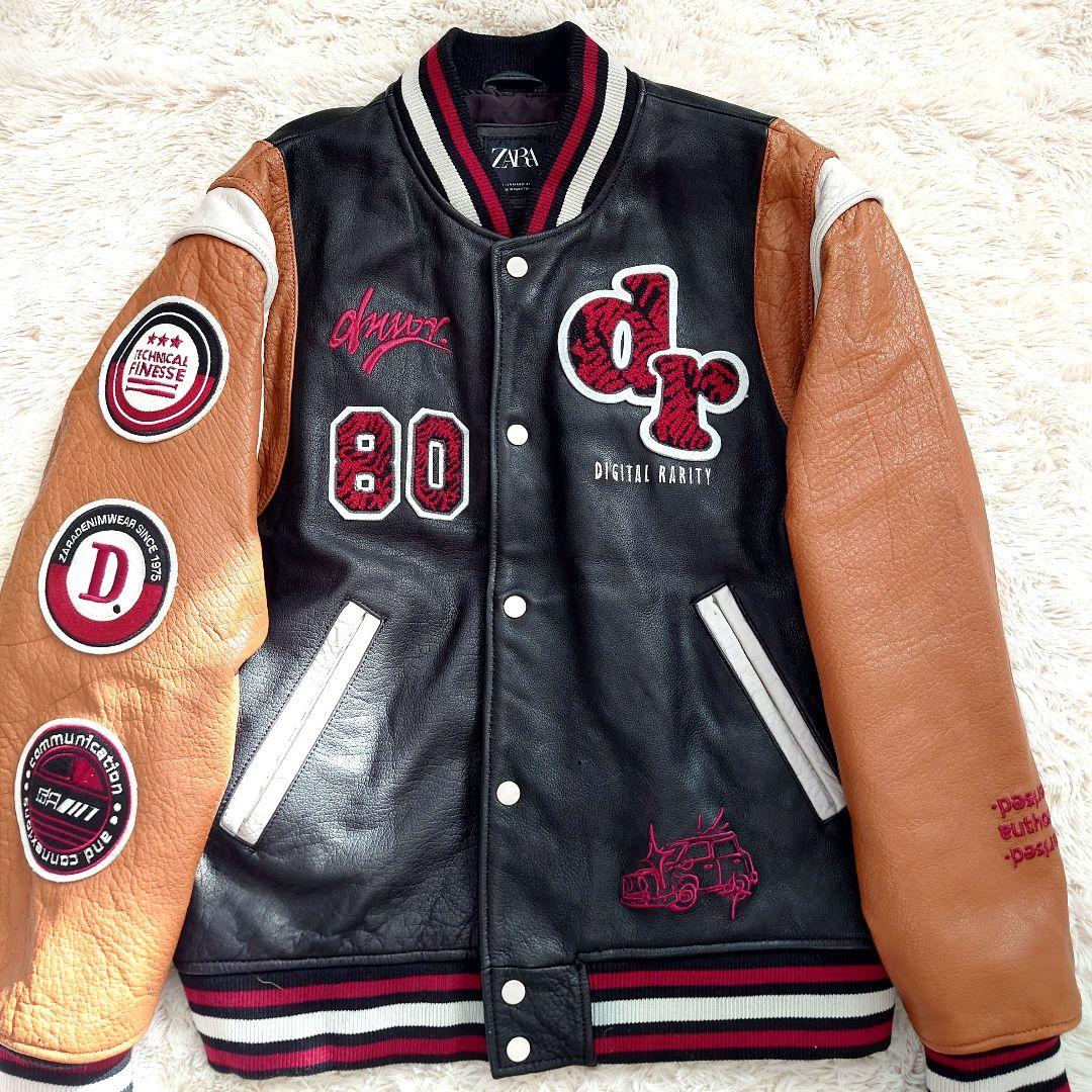 良品】ザラ ZARA スタジャン 黒・ブラウン 水牛皮革 クワガタ刺繍 M