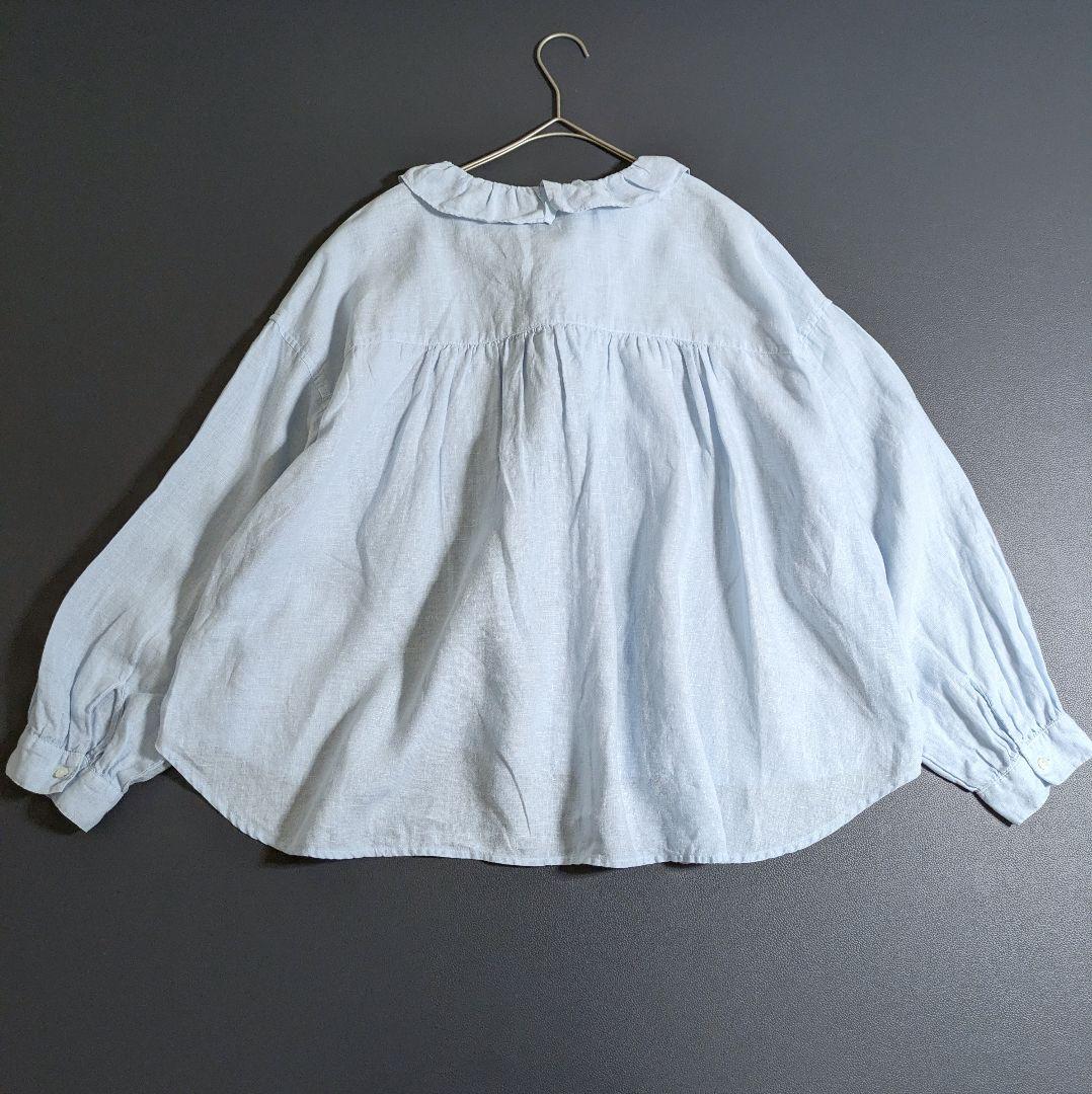 ツムグ／立体フリル リネンブラウス ライトブルー サックス 長袖