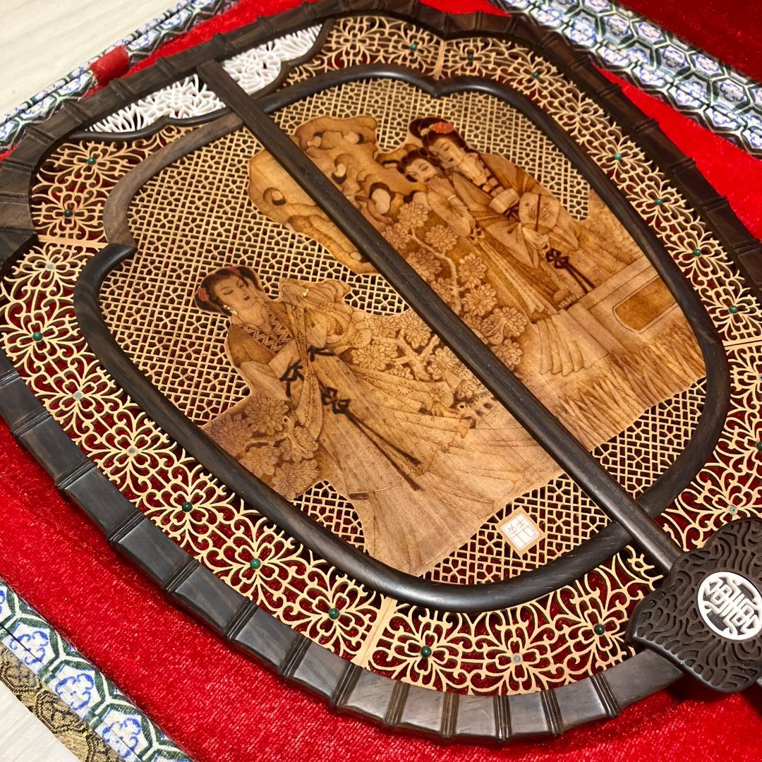 中国美術 唐木造 白檀透彫刻 翡翠 軍配型硯屏 団扇 唐物？