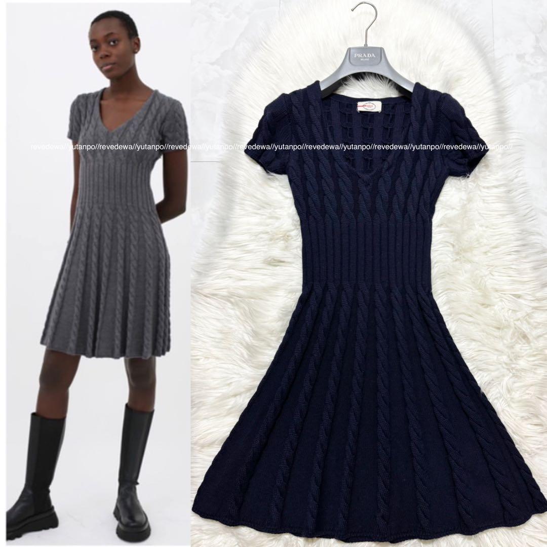 美品 プラダ ケーブルニット ワンピース ドレス 36 PRADA ネイビー ロゴ刺繍ケーブル編みニットワンピース[kz714] | レディース