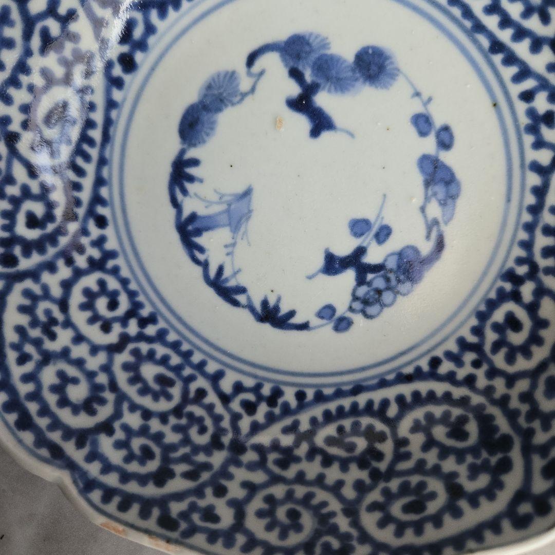 古伊万里 染付 蛸唐草 深皿 膾皿 江戸時代 金直し 金継ぎ 骨董 五弁花