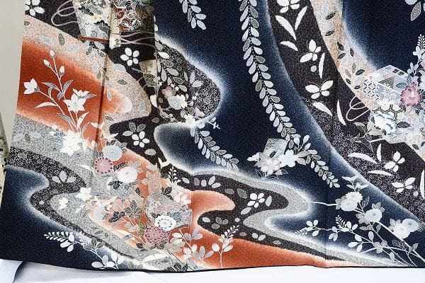 美品 訪問着 辻が花 墨黒 たたき地 袷 身丈166.0cm トールサイズ 正絹