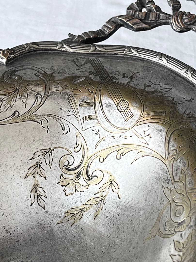 美品】フランスアンティーク リボンモチーフ シルバー 大きなトレー[3675]