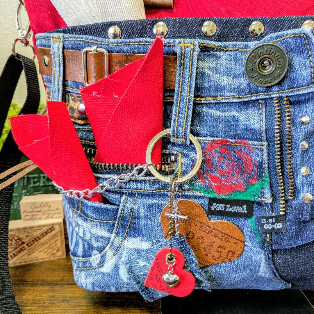 デニムリメイク 2wayトート｜薔薇刺繍×ステンシル・ポケットたくさん