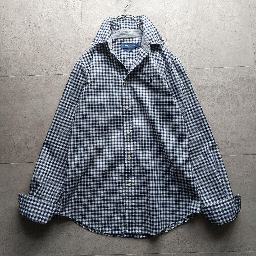 美品 ラルフローレン ギンガムチェックシャツ L 紺×白 - メルカリ