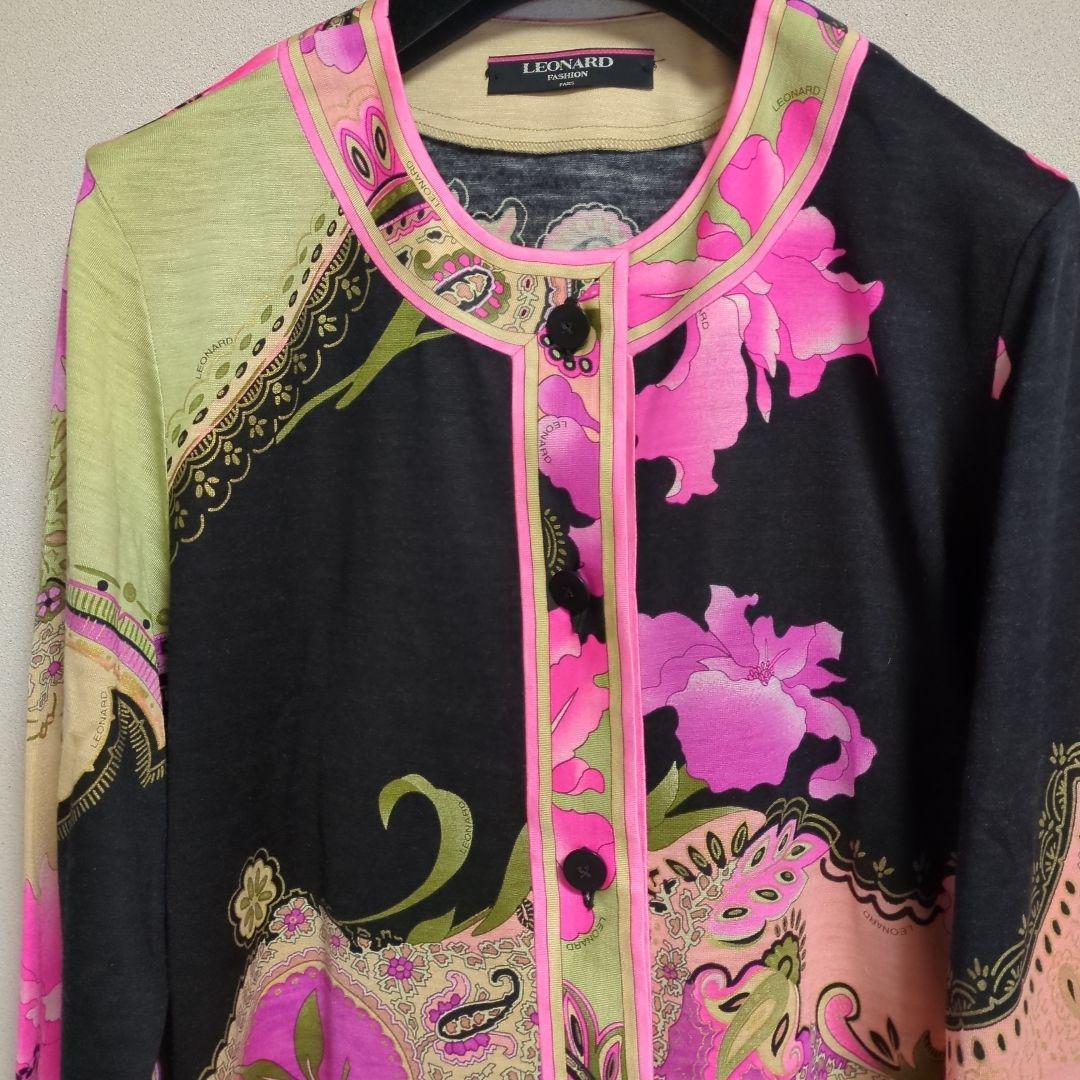 LEONARD シルクウール フラワーパターン カーディガン LL - トップス