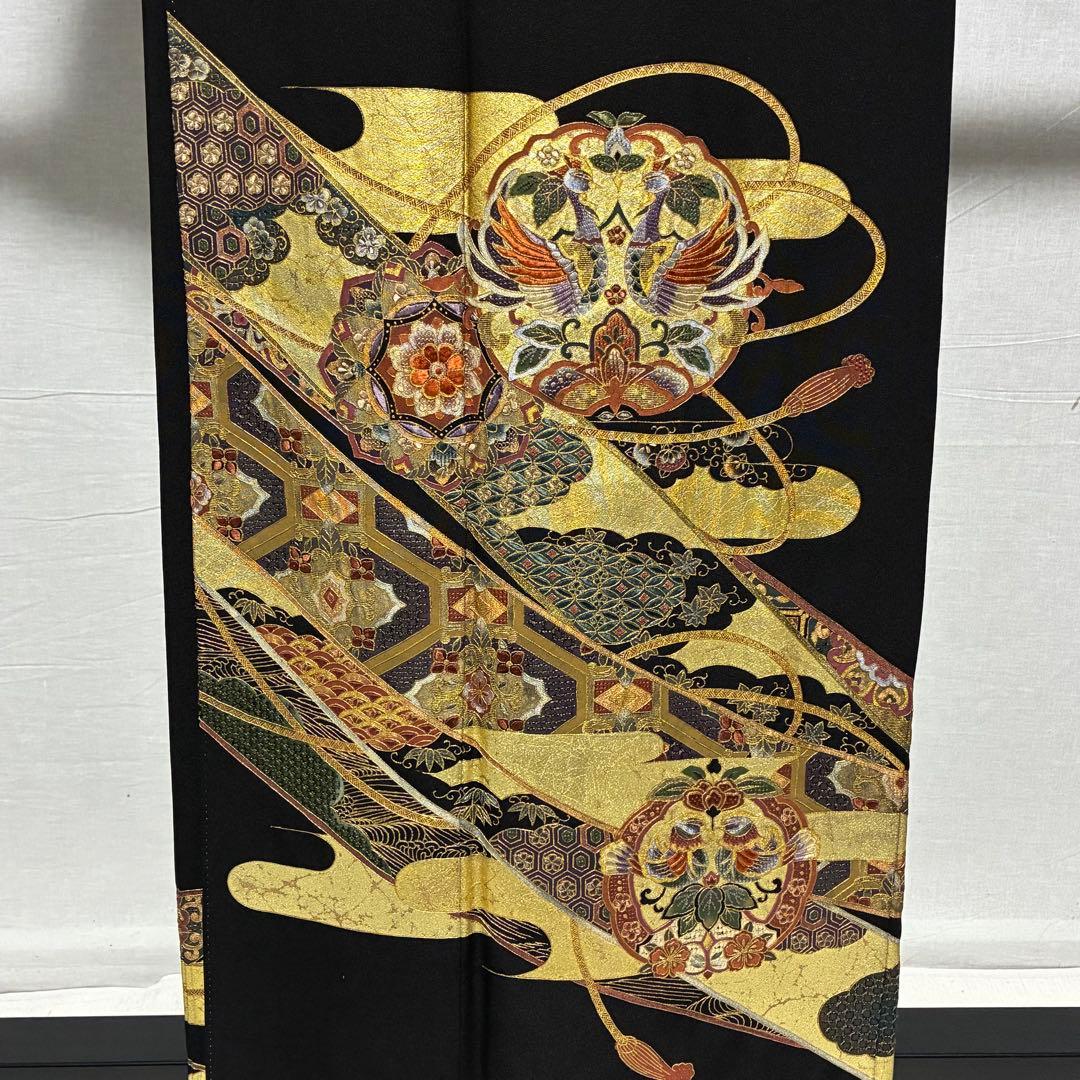 D69 黒留袖 総刺繍 汕頭・相良・金駒刺繍 華文 鳳凰 正絹 着物 袷 極美