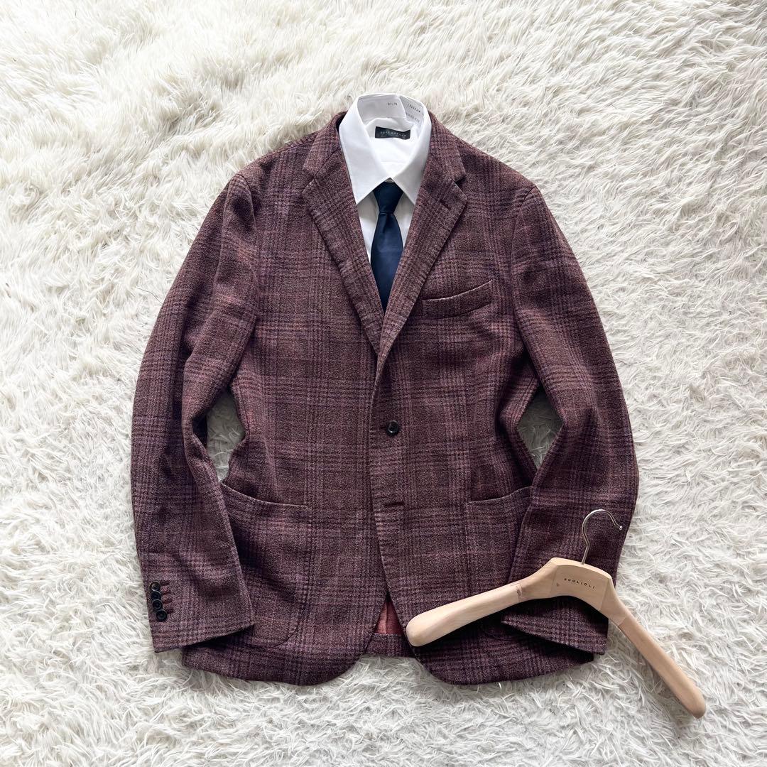 <美品>BOGLIOLI K.JACKETボルドー シルクウール ジャケット54 Houndstooth Wool Silk blend K-Jacket in Light brown: Luxury