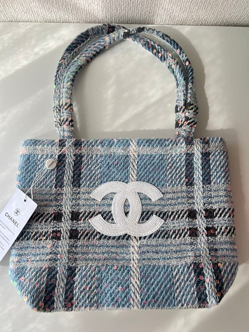 CHANEL シャネル ココマーク ツイード スパンコール トートバッグ ブルー