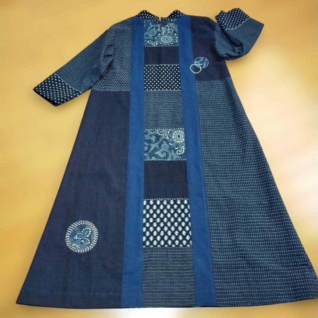 着物リメイク 雪ん子絣 書生絣 絵絣 藍無地のAラインワンピース - メルカリ
