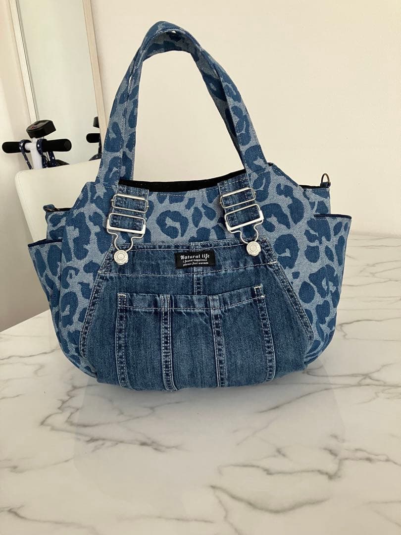 1068 大きめヒョウ柄デニムリメイクバック オーバーオールデニム