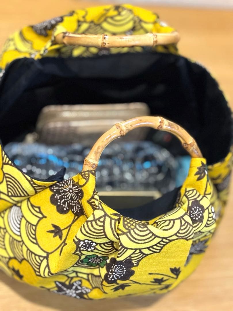 和装バック 着物バック 琉球柄 青海波 紅型生地（黄色）入学卒業結婚