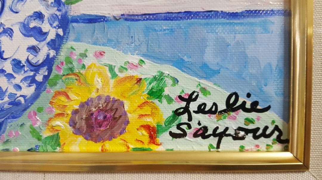 真作】レスリーセイヤー「ひまわりの花瓶」油彩 4号