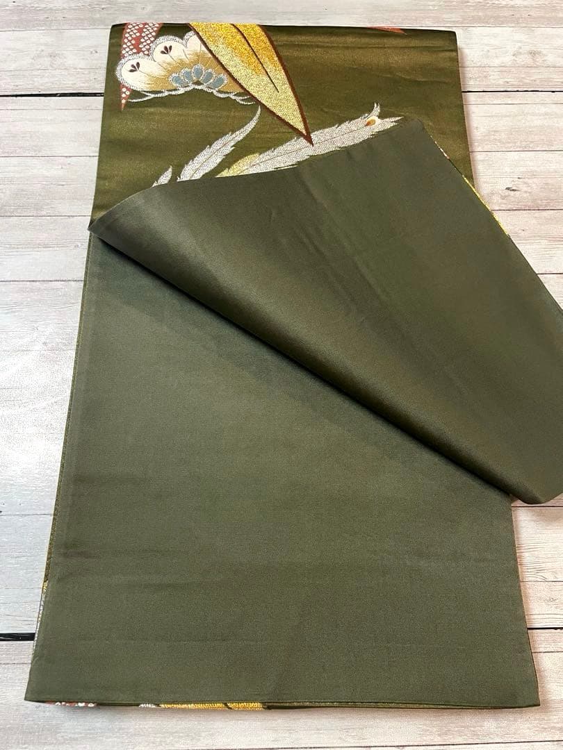 正絹 唐織 六通柄袋帯 鳳凰笹文様 '華飾' 金銀糸 艶やかな海松色 美品