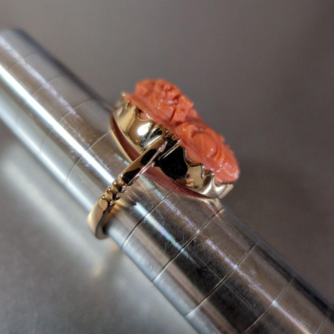 リング 珊瑚 さんご サンゴ カメオ 彫刻 横顔 お花 5.98g - メルカリ