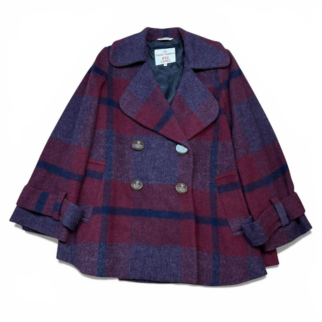 極美品 ヴィヴィアンウエストウッドレッドレーベル チェックウールコート ポンチョ 超希少✨️ヴィヴィアンウエストウッド】 ウール チェック オーブ