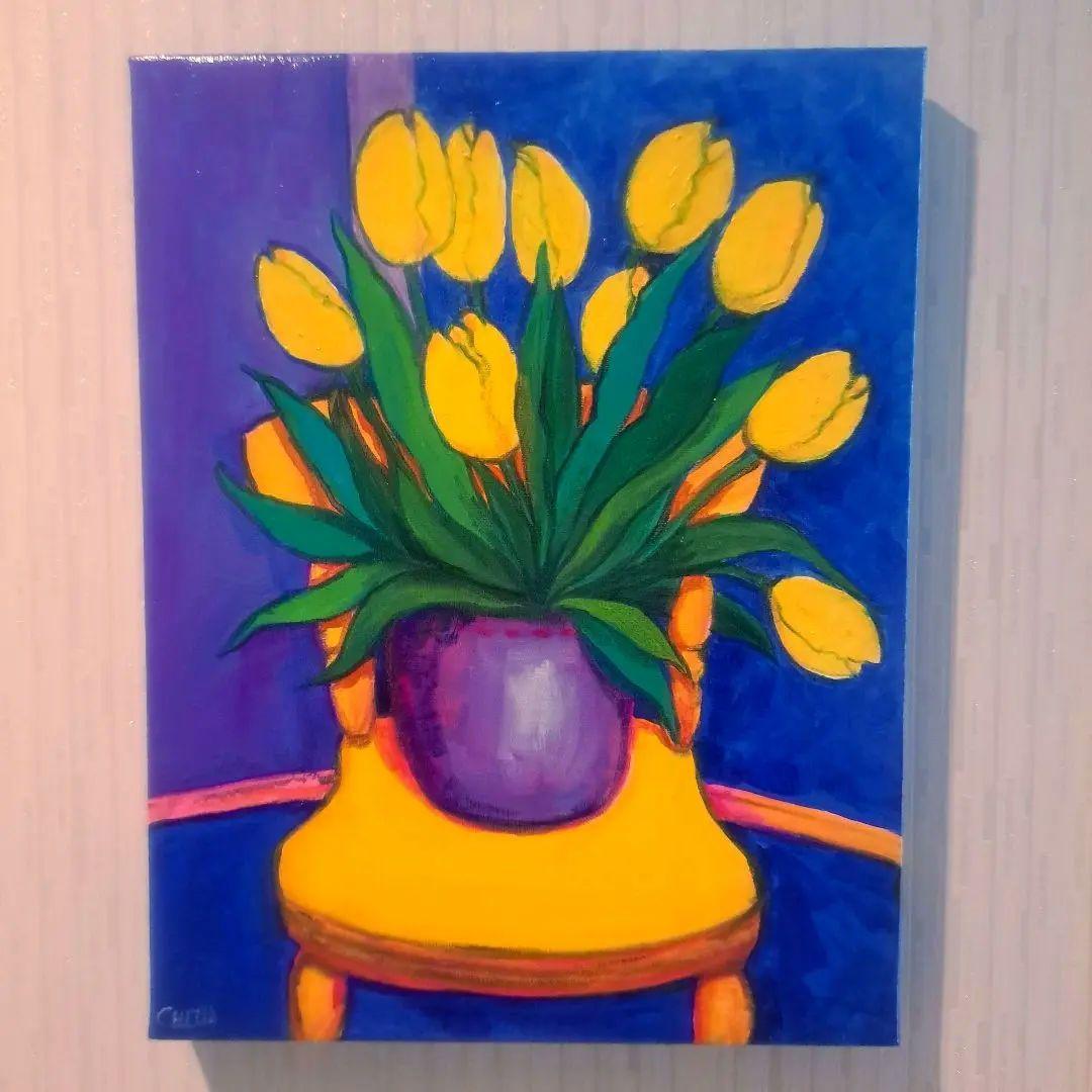 キャンバス油絵　黄色い椅子の上に置いた鉢植えの黄色いチューリップ他計2枚セット ベラルーシ オリジナル油絵キャンバス厚塗り 30x24 黄色の花ひまわり