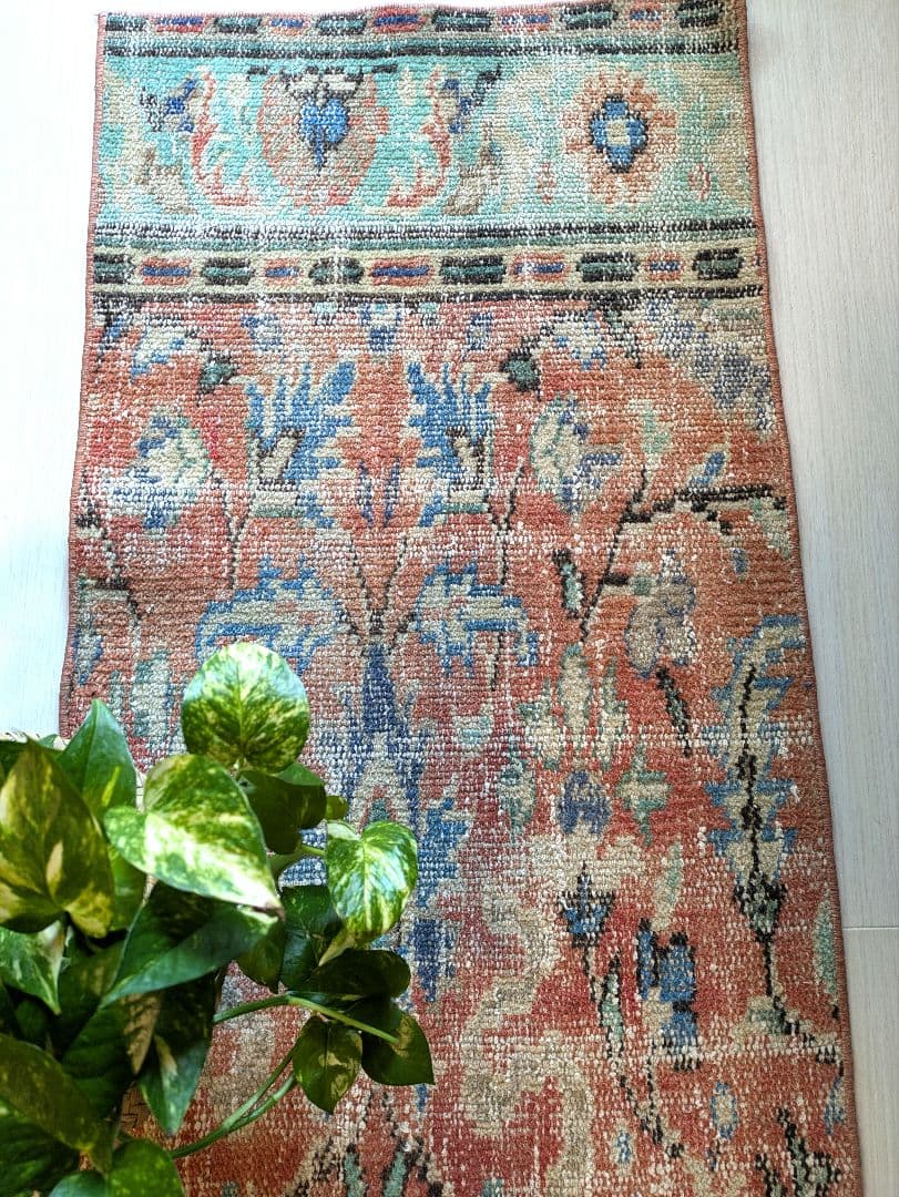 50×91 ラコッタオレンジ×トルコブルー　トルコヴィンテージラグ　ミニサイズ 50×91 ラコッタオレンジ×トルコブルー トルコヴィンテージラグ ミニ