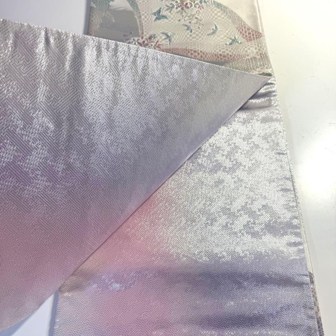 5k2218 袋帯 絹 西陣織 まいづる謹製 彩 唐織 銀色 金色 白 緑 青