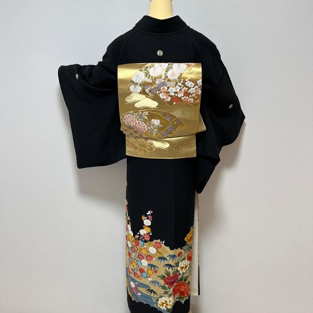 181 黒留袖フルセット 正絹 丸に並び鷹の羽 作家物 友禅 金彩 豪華