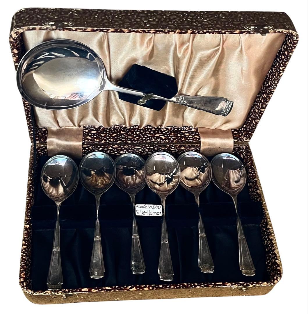 英国銀製品☆カトラリーセット スプーン6本＋サーバースプーン ホールマーク入 2e29331b457833dd57c0f9035fe3b7