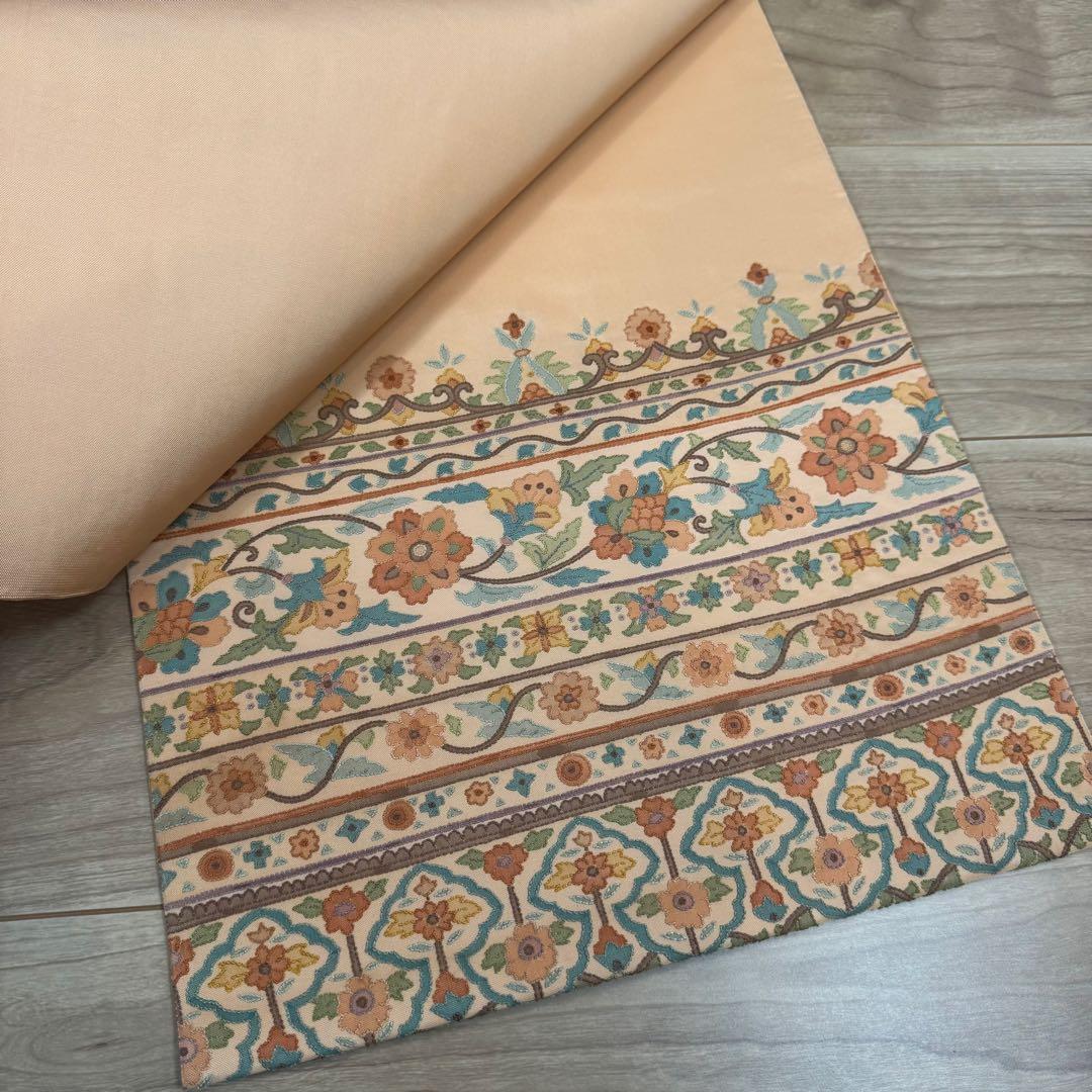 超美品 袋帯 正絹 現代 着物 ボタニカル 中国刺繍 相良刺繍 オレンジ