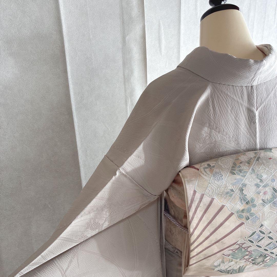 色無地 フルセット 着物 正絹 しつけ糸付き ホワイトグレー 一つ紋 G4