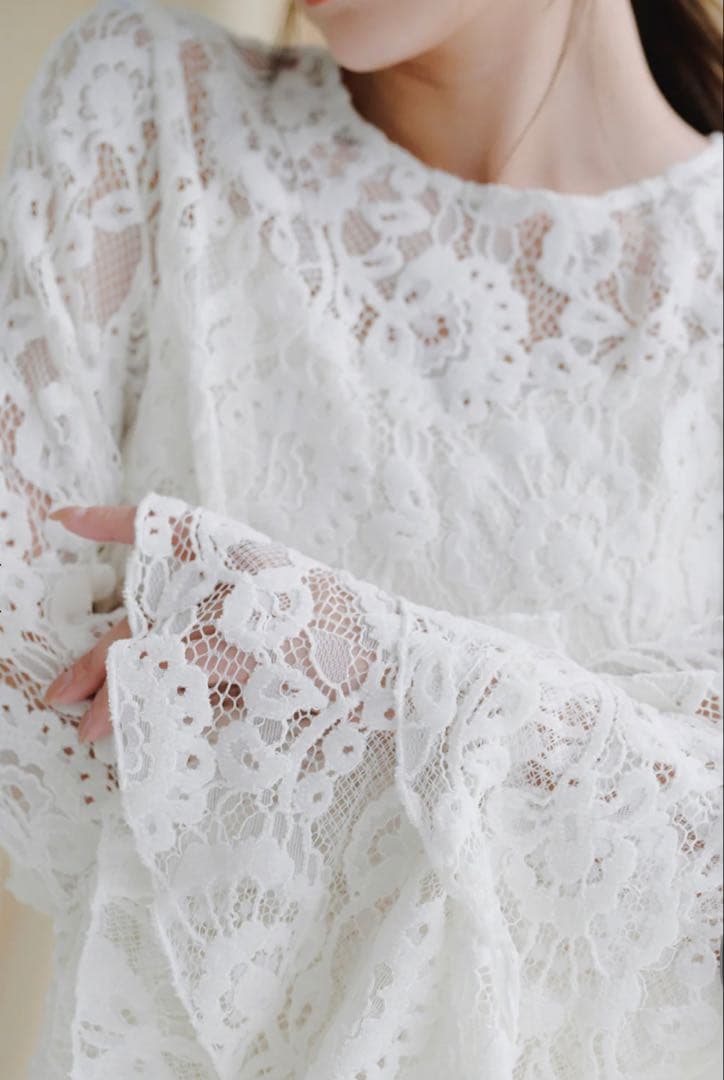 anuansトップスベロアレースボリュームスリーブブラウスインナー付