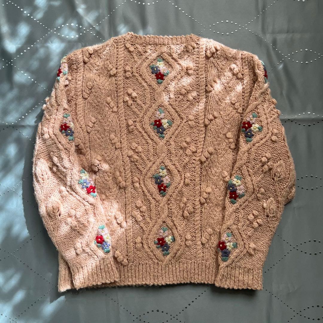 古着 ピンクハウス 花刺繍 ローゲージ手編み アランニット ピンク