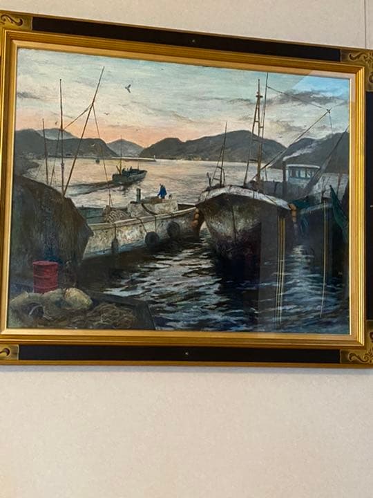 絵画久保田宏油絵朝の漁港特大F50 名画巨大額縁芸術品油彩作品