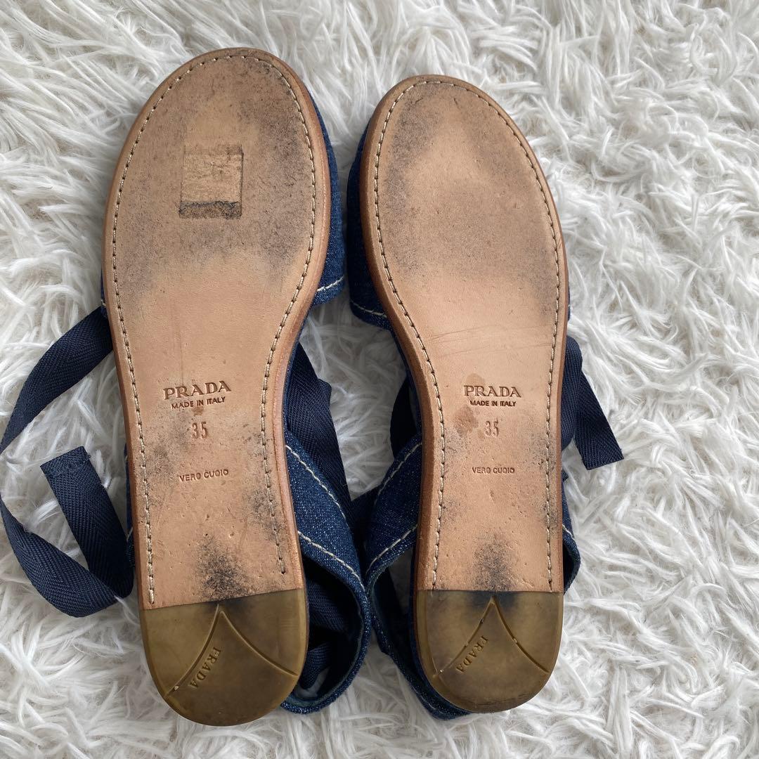 極美品 プラダ デニム フラットシューズ レースアップシューズ リボン