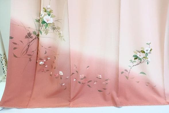 未使用品 訪問着 縮緬地 薄ピンク 手描き友禅 枝花 身丈166cm